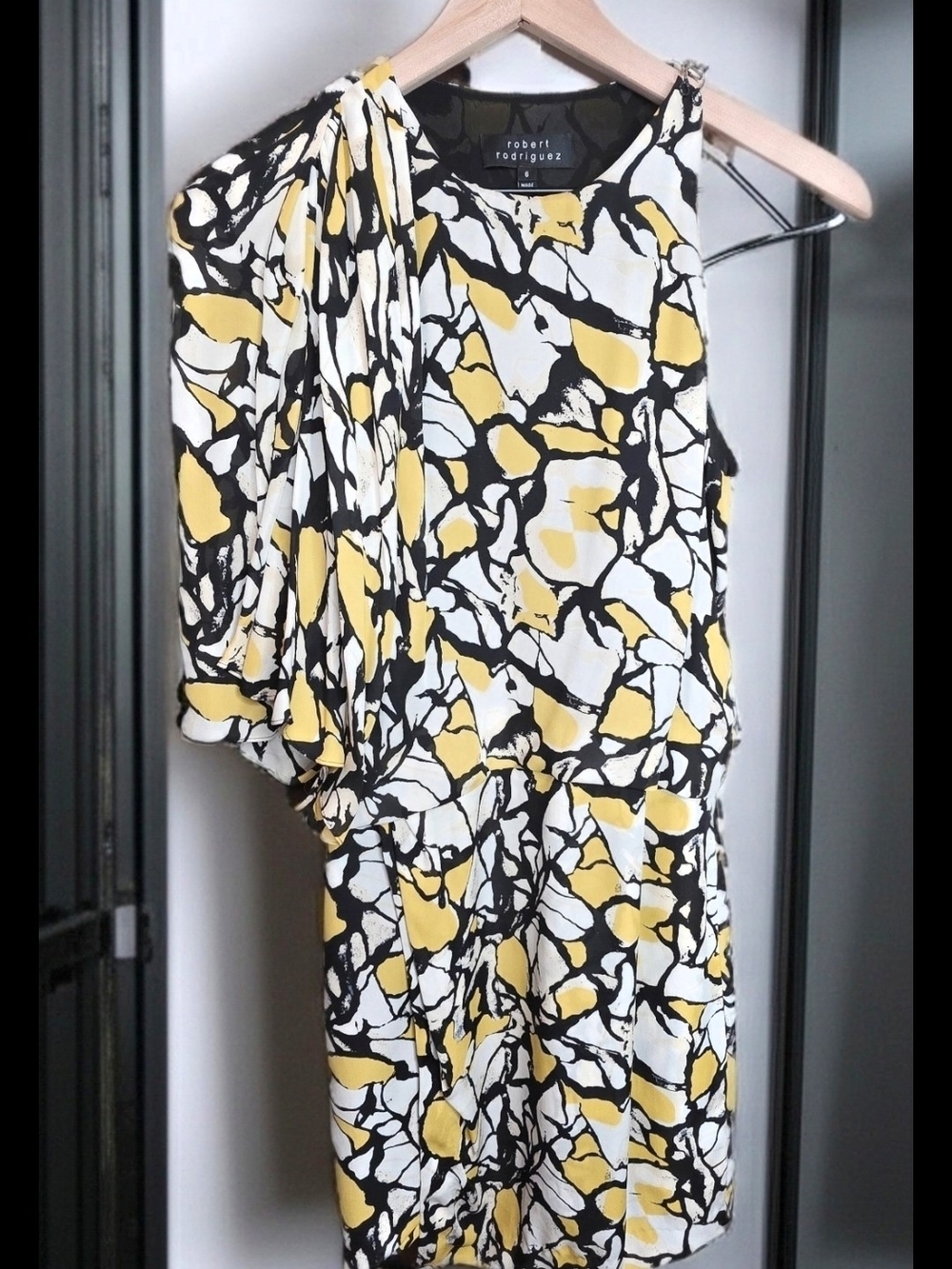 650. Robert Rodriguez Draped One-Sleeve Silk Mini Dress Abstract Yellow Black 6